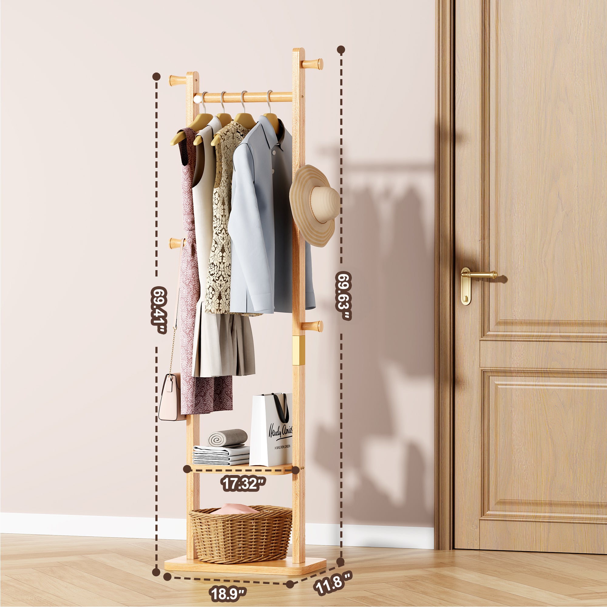 Coat Racks solid wood hanger 18.9* 11.8*71in Solid environmental protection easy to assemble beautiful can be placed in the bedroom/entrance/living room (wood color) - Grand Goldman Shop