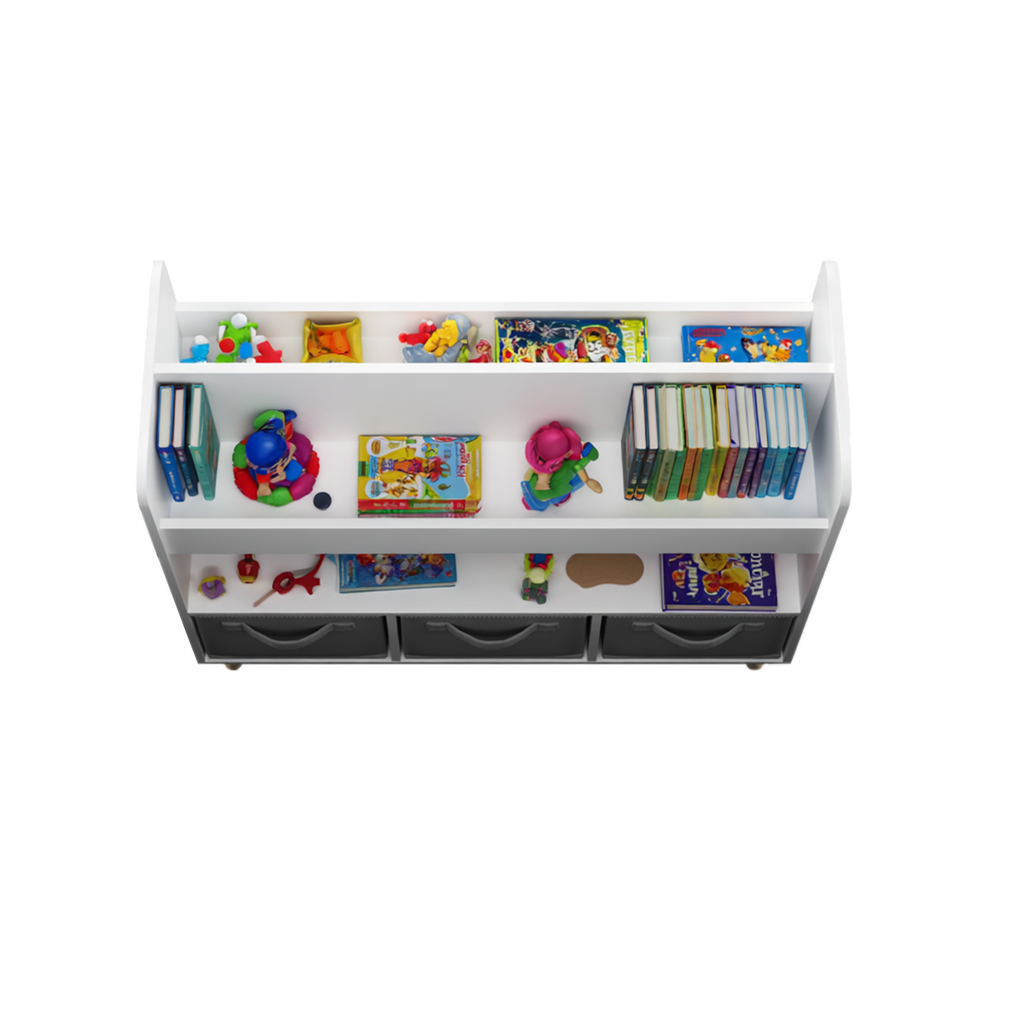 Kids Bookshelf with 3 Fabric Bins, Modern Children's Bookcase with Storage for Toys and Books, Toddler Book Organizer Shelf f