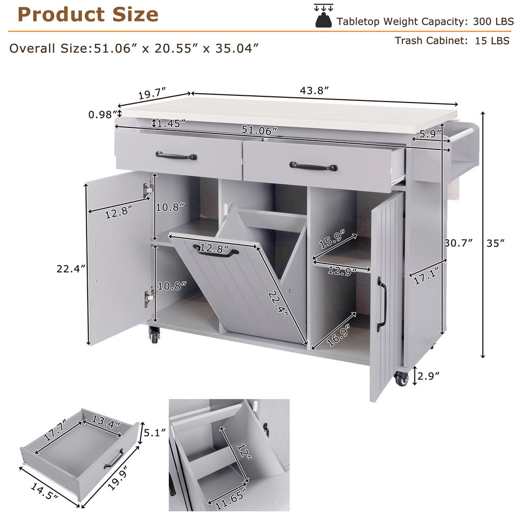 K&K Kitchen Island with Trash Can Storage Cabinet, Kitchen Cart with Drop Leaf, Spice Rack, Towel Rack and Drawer, Rolling Kitchen Island on Wheels with Adjustable Shelf, Grey - Grand Goldman Shop