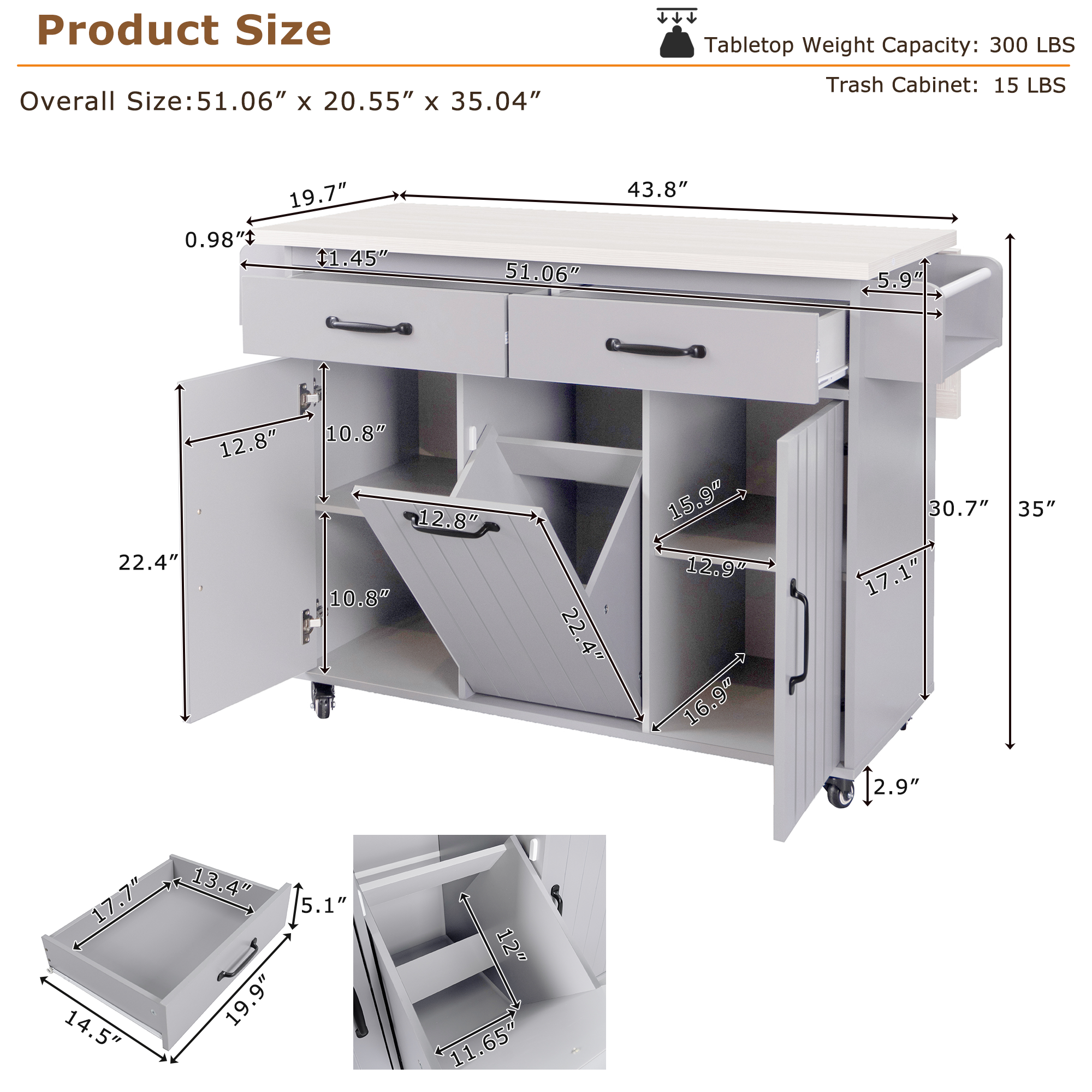 K&K Kitchen Island with Trash Can Storage Cabinet, Kitchen Cart with Drop Leaf, Spice Rack, Towel Rack and Drawer, Rolling Kitchen Island on Wheels with Adjustable Shelf, Grey - Grand Goldman Shop