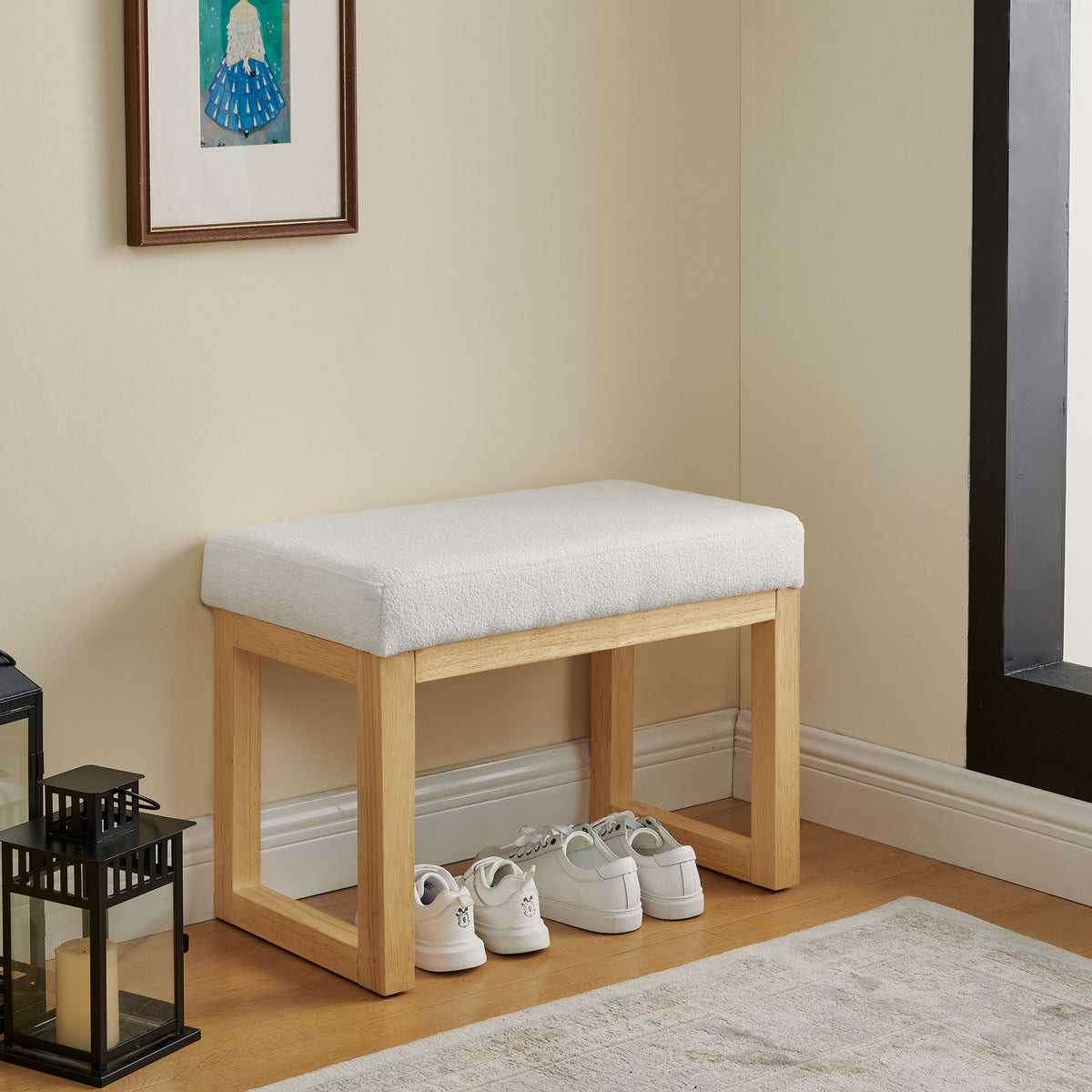 Shoe-changing bench, a shoe-changing bench with a wooden frame and a soft cushioned seat, can be placed freely and is suitable for small spaces without taking up much space - Beige - Grand Goldman Shop