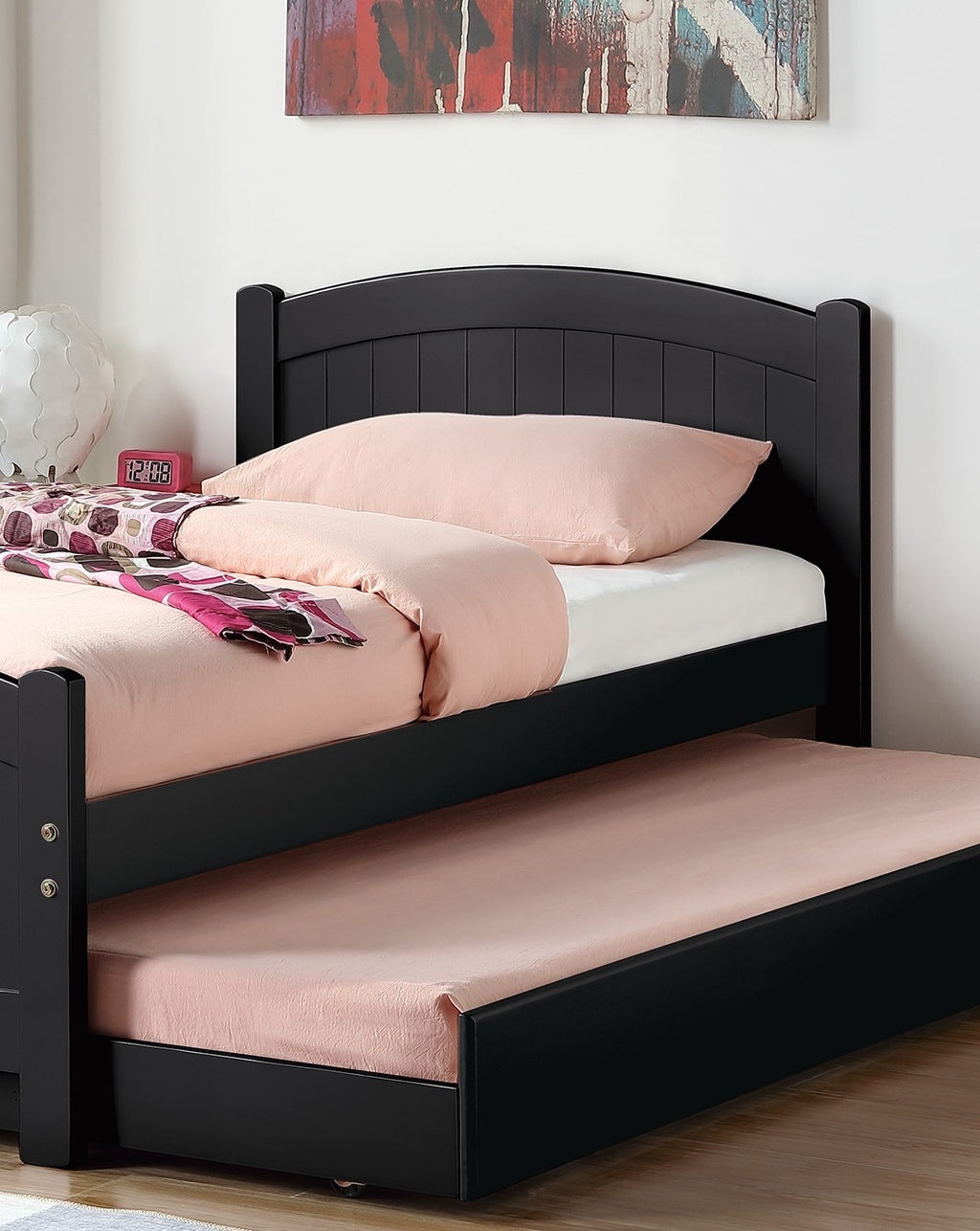 Twin Size Bed w/ Trundle Slats Black Pine Plywood Kids Youth Bedroom Furniture - Grand Goldman