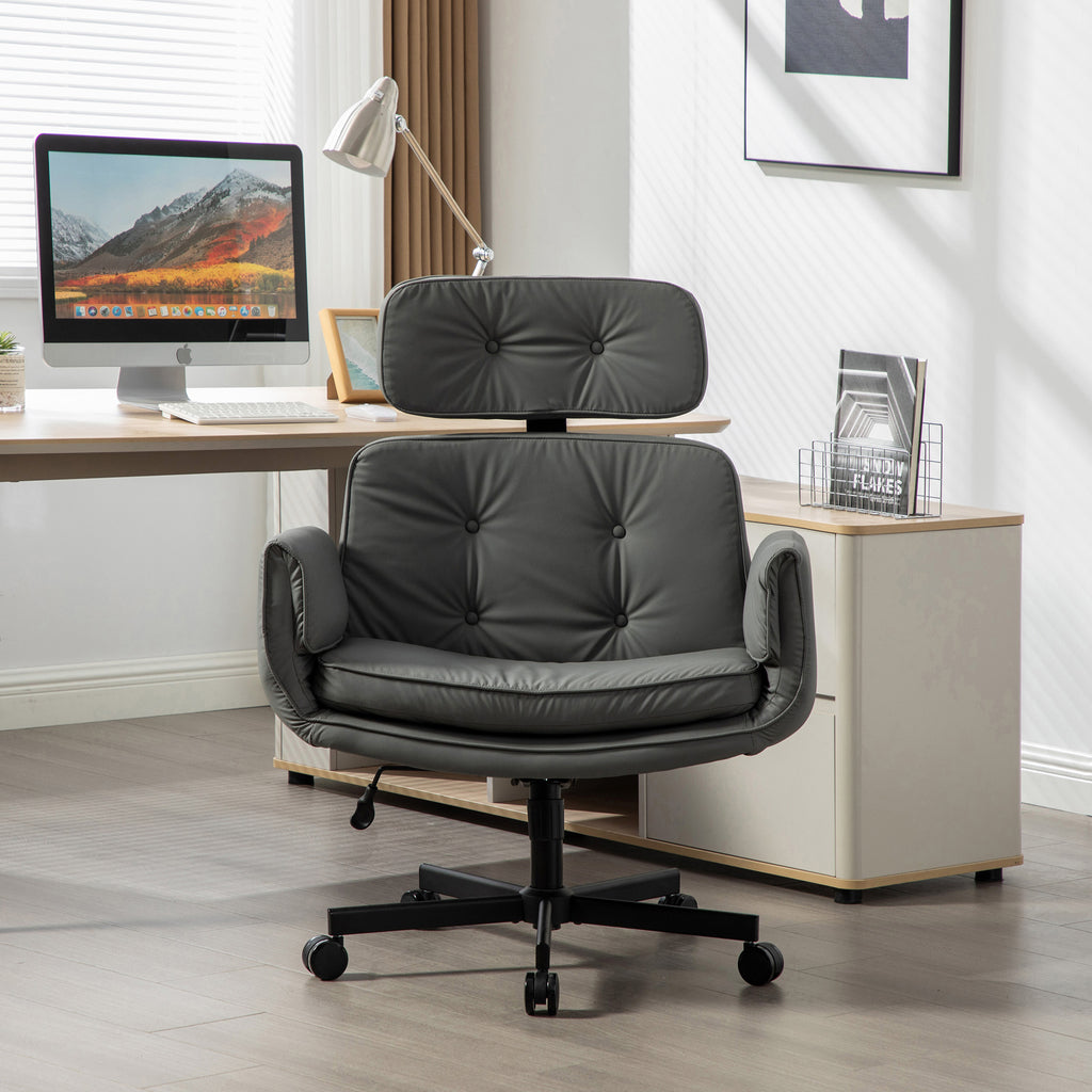 Criss Cross Chair with Adjustable Armrests & Wheels & Headrest, PU Lounge Vanity Desk Chair with Wide Seat for Cross-Legged S
