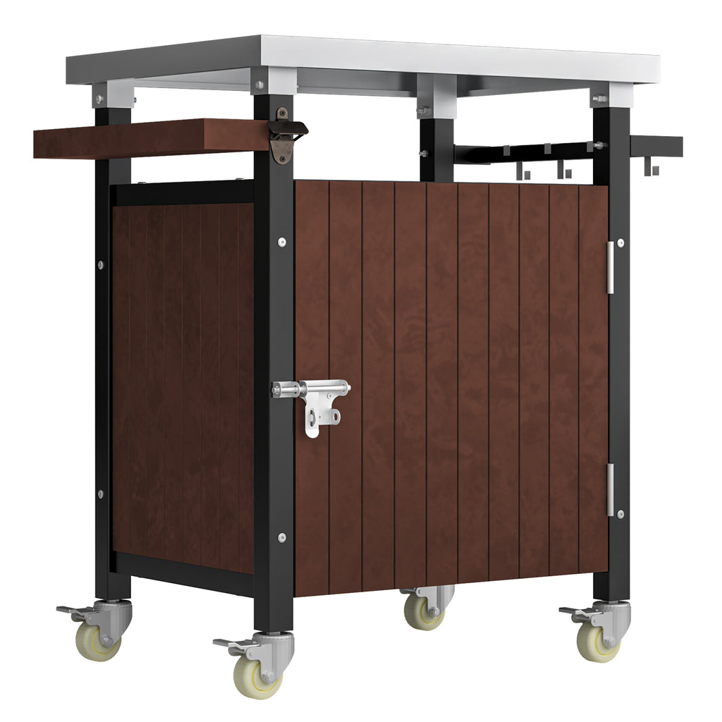 Outdoor Grill Cart with Stainless Steel Tabletop, Storage, Patio Kitchen Island with Wheels, Hooks, and Spice Rack, Waterproof Outdoor Grill Table, Movable BBQ Serving Cart Rolling Bar Cart - Grand Goldman Shop