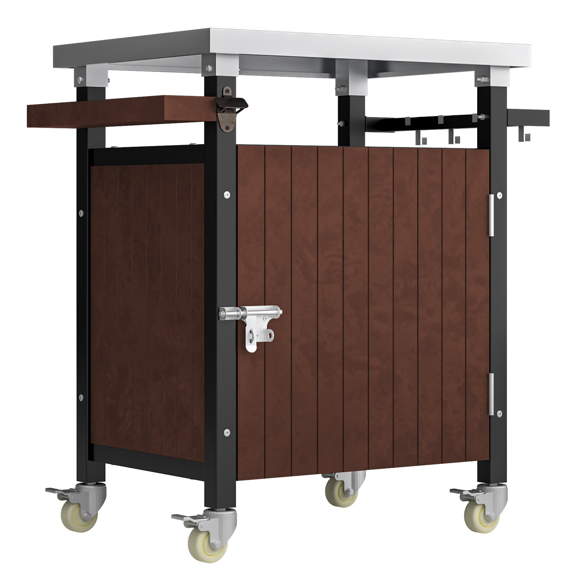 Outdoor Grill Cart with Stainless Steel Tabletop, Storage, Patio Kitchen Island with Wheels, Hooks, and Spice Rack, Waterproof Outdoor Grill Table, Movable BBQ Serving Cart Rolling Bar Cart - Grand Goldman Shop