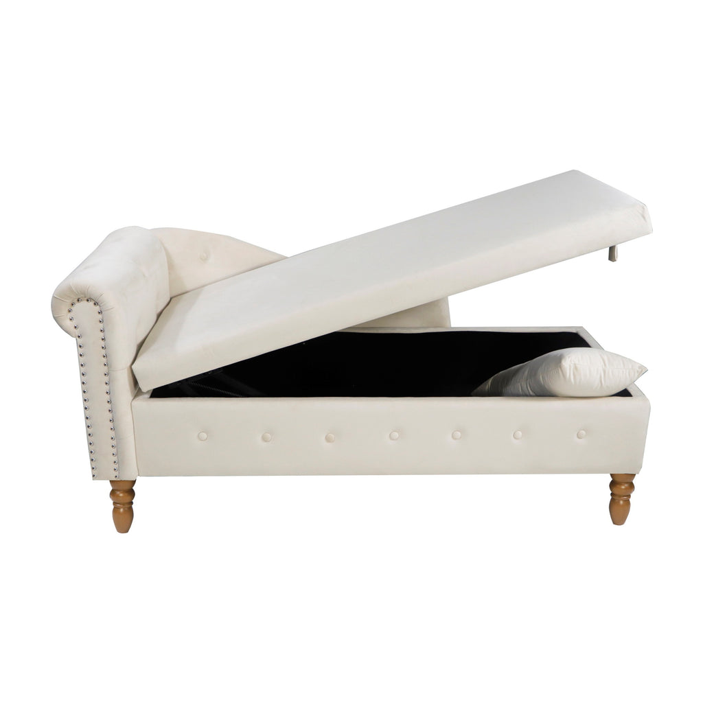 Beige Chaise Lounge Indoor, Velvet Lounge Chair for Bedroom with Storage & Pillow, Modern Upholstered Rolled Arm Chase Lounge for Sleeping with Nailhead Trim for Living Room Bedroom Office - Grand Goldman Shop