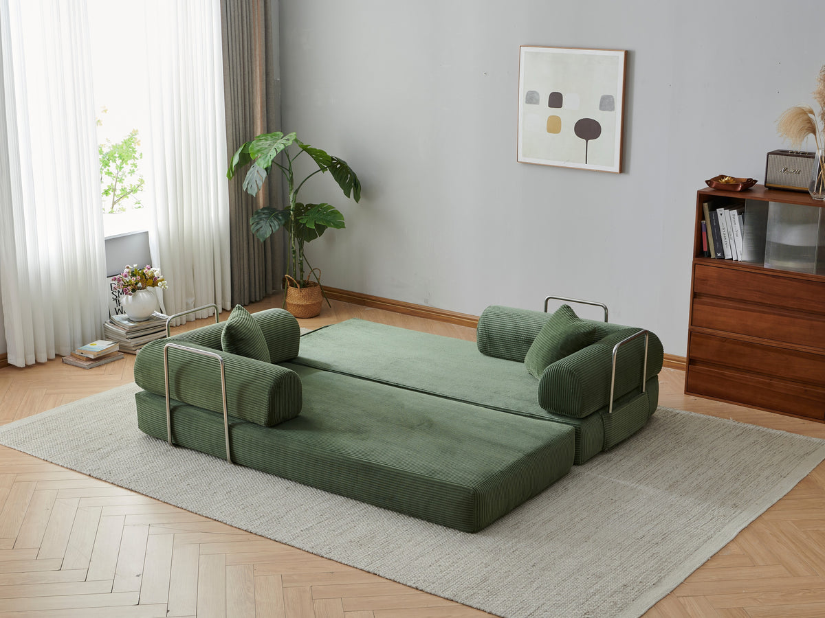 78.8' Compression Sofa,Convertible Floor Sofa Bed-with Pillow Back Support Armrest,Comfy Futon Couch Sleeper Bed,Loveseats Boneless Modular Sectional Sofa,Corduroy fabric,for Living Room,Bedroom,Green - Grand Goldman Shop