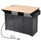 K&K 55.7'' Large Kitchen Island with 2 Drop Leaf,, Rolling Kitchen Cart on 5 Wheels with Power Outlet, Folding Storage Dining Table with Spice & Towel Rack , 3 Drawers, for Kitchen, Dining Room,Black - Grand Goldman Shop
