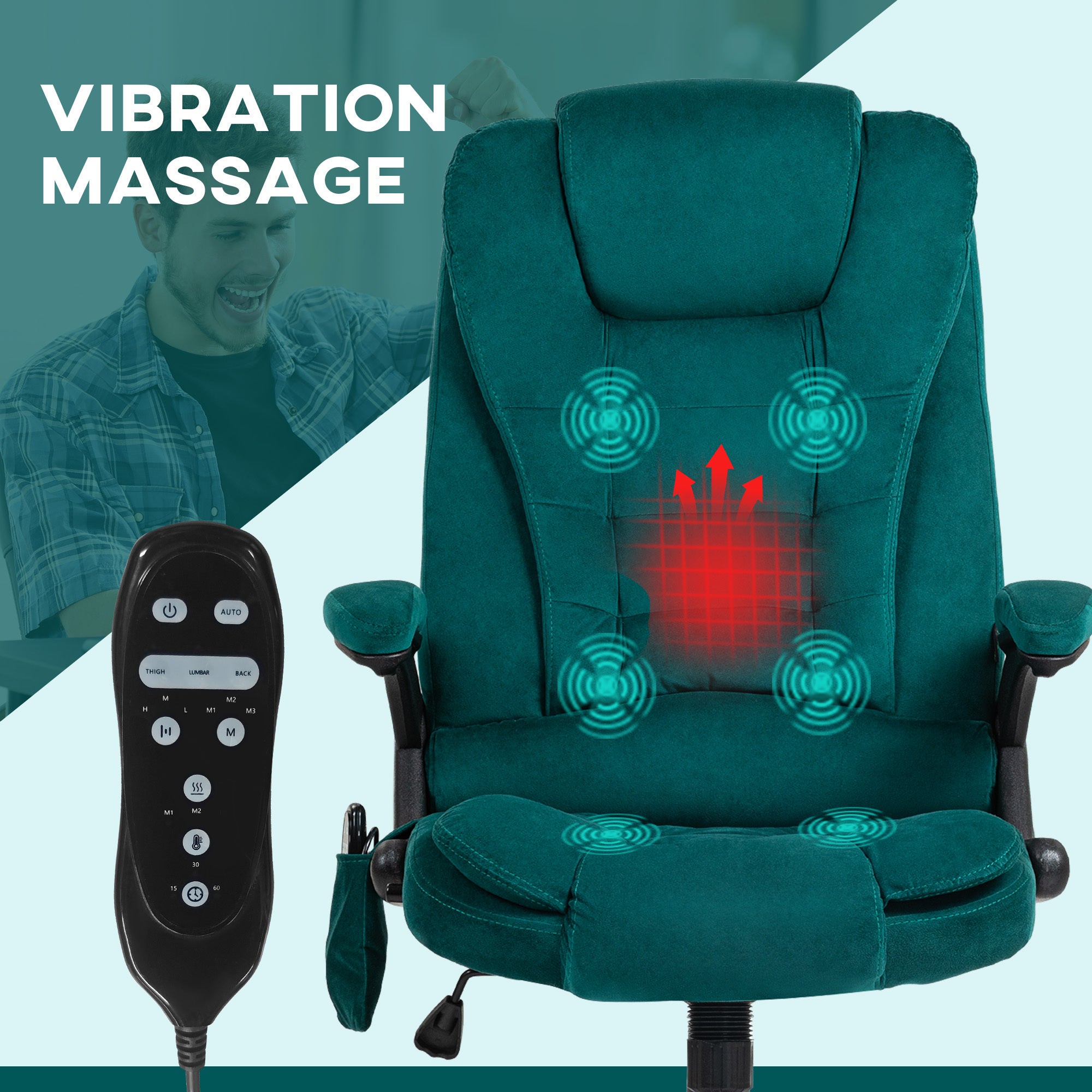 HOMCOM 6 Point Vibrating Massage Office Chair with Heat, Velvet High Back Executive Office Chair with Reclining Backrest, Pad