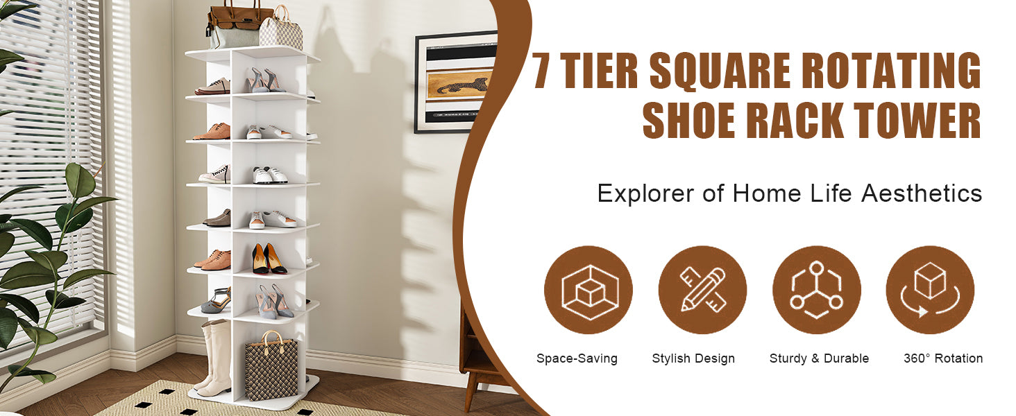 7-Tier Square Rotating Shoe Rack Tower with 360° Spinning Organizer, White - Grand Goldman Shop
