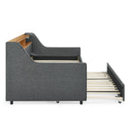 Grey Linen Upholstered Twin Sofa Bed with LED Lights, Storage Headboard, Foldable Trundle & Wireless Charging - Grand Goldman Shop