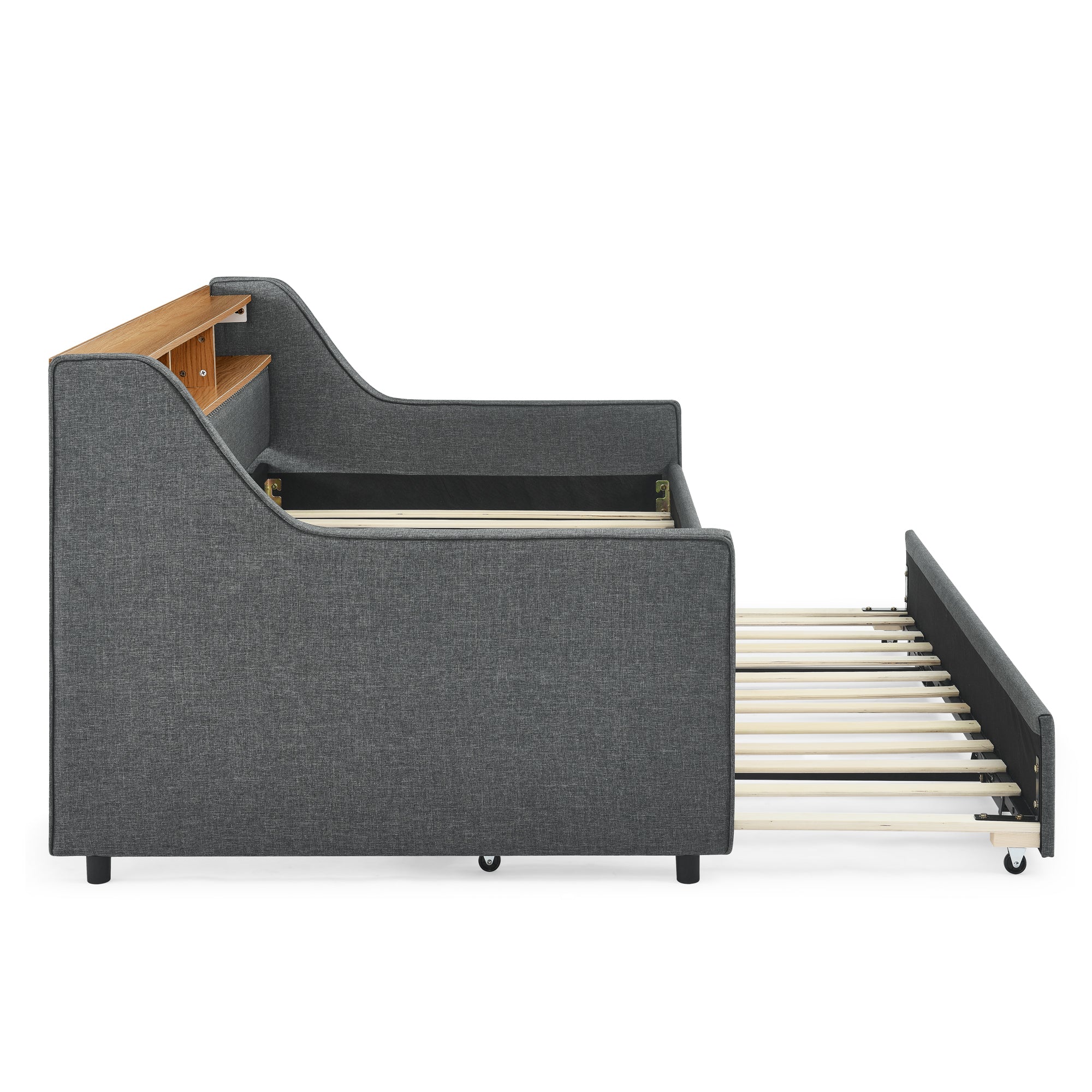 Grey Linen Upholstered Twin Sofa Bed with LED Lights, Storage Headboard, Foldable Trundle & Wireless Charging - Grand Goldman Shop