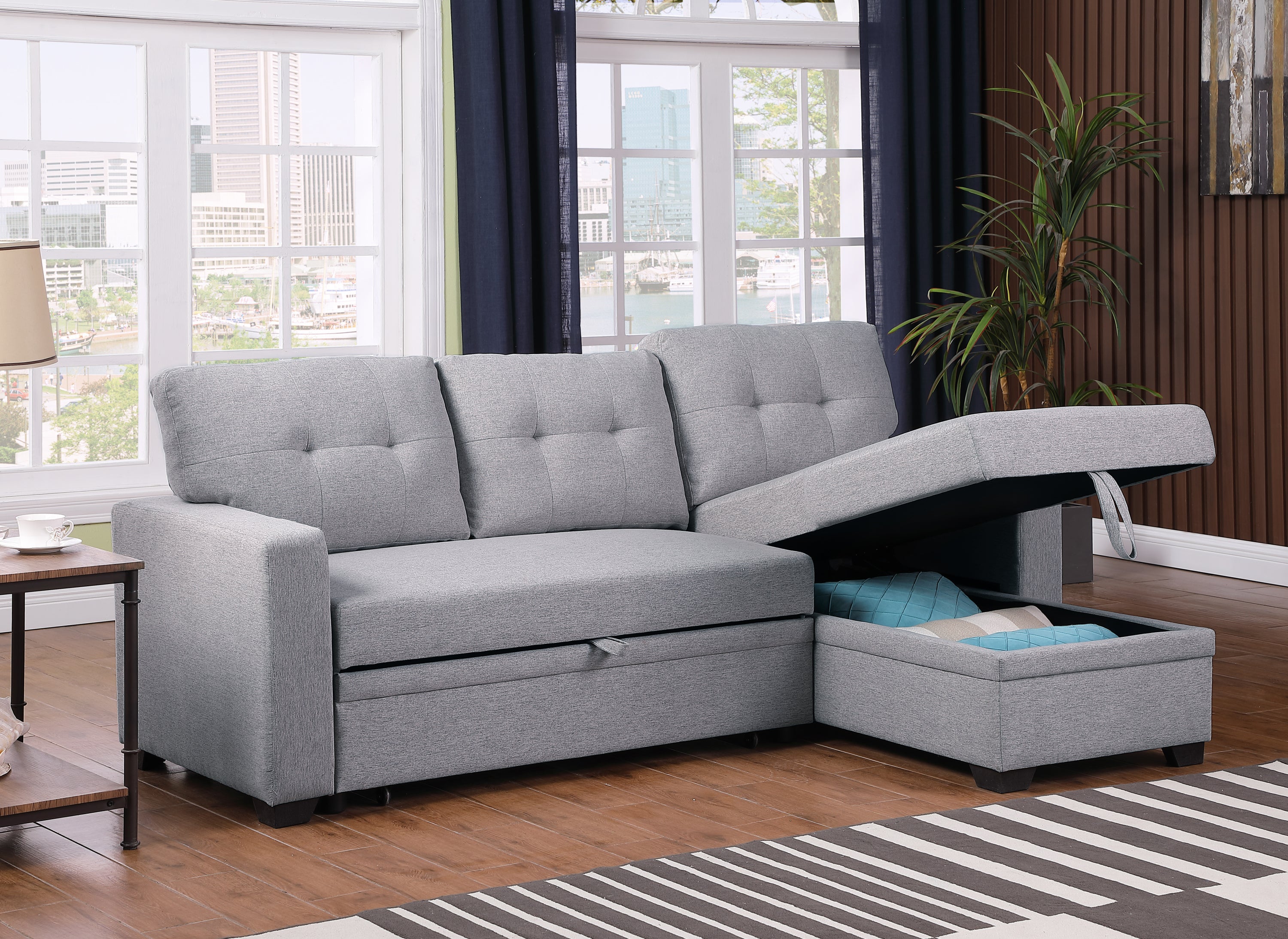 Upholstered Pull out Sectional Sofa with Chaise - Grand Goldman Shop