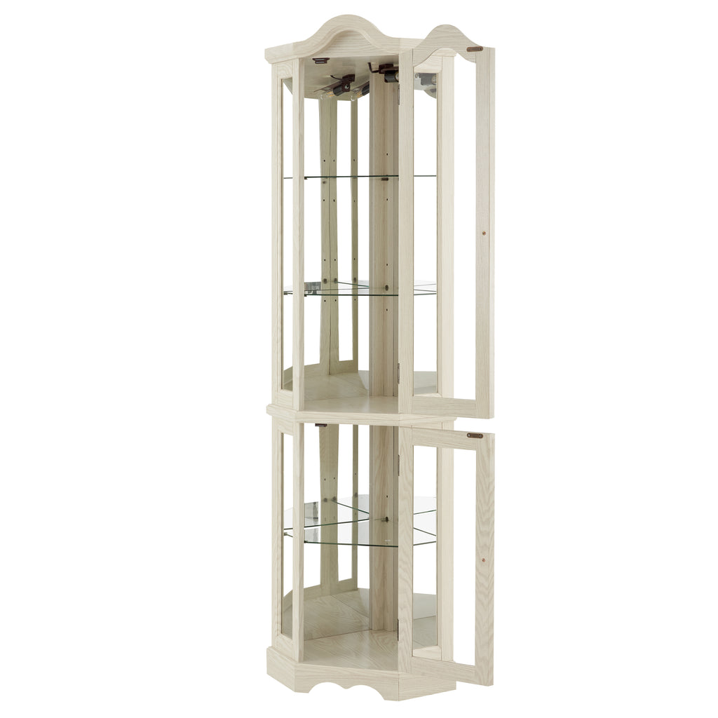 Curio Cabinet Lighted Glass Display Curio Cabinet w/Tempered Glass Doors and Shelves, Crown Corner Cabinet with Bulb, Corner Storage Decoration for Living room and Bedroom WHI - Grand Goldman Shop
