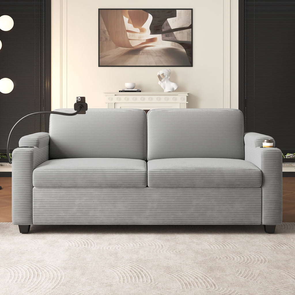 Corduroy Sleeper Sofa Loveseat with Full Size Mattress, USB Ports, Cup Holders, Side Pockets, and Phone Holder, Grey - Grand Goldman Shop