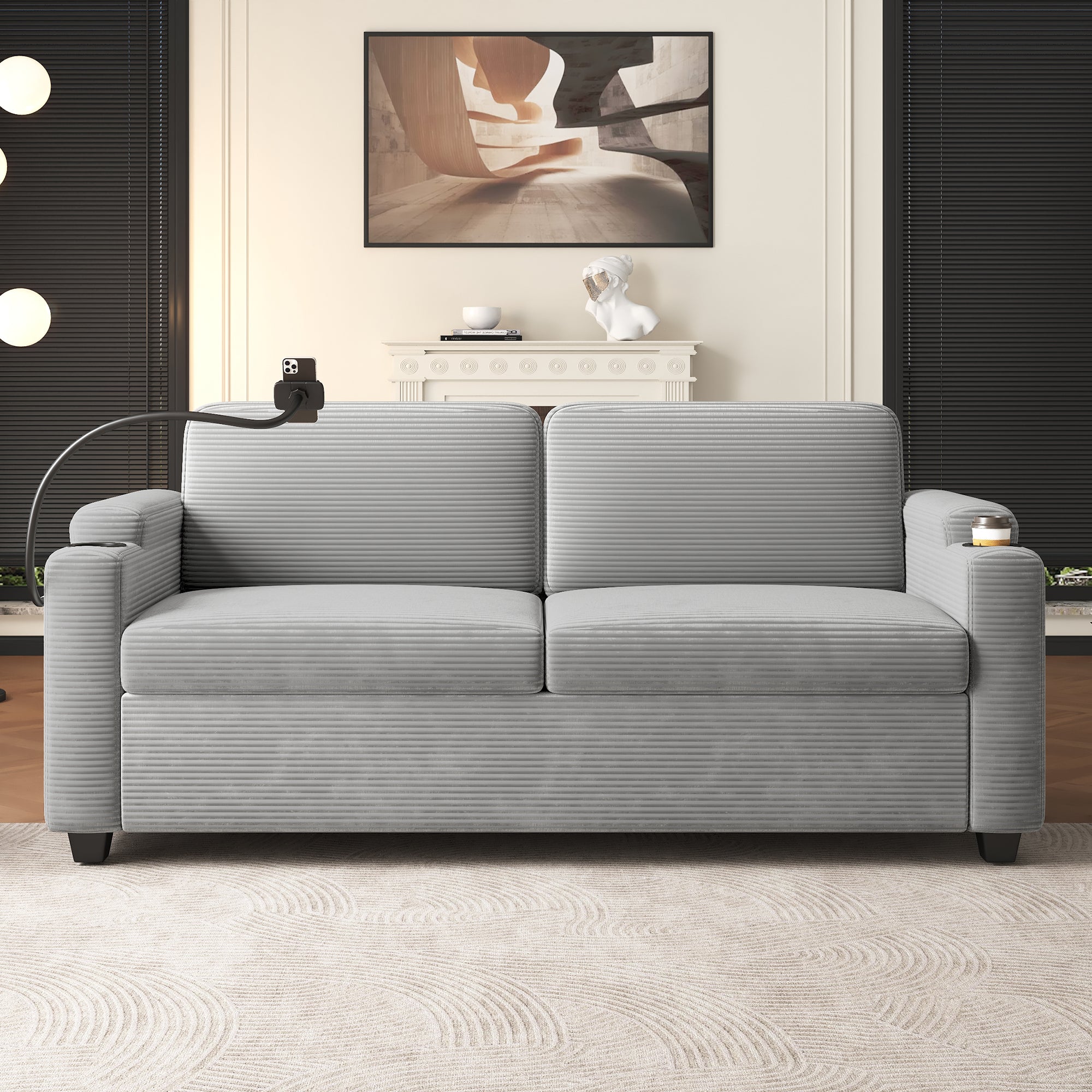 Corduroy Sleeper Sofa Loveseat with Full Size Mattress, USB Ports, Cup Holders, Side Pockets, and Phone Holder, Grey - Grand Goldman Shop