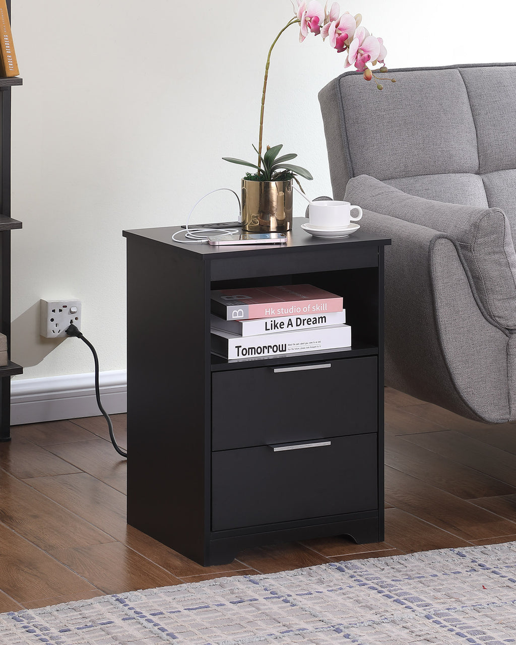 Nightstand with Charging Station,End Table with 2 Drawers,Wooden End Table with Drawer and Opening Shelf,Side Table for Bedroom, Black - Grand Goldman Shop