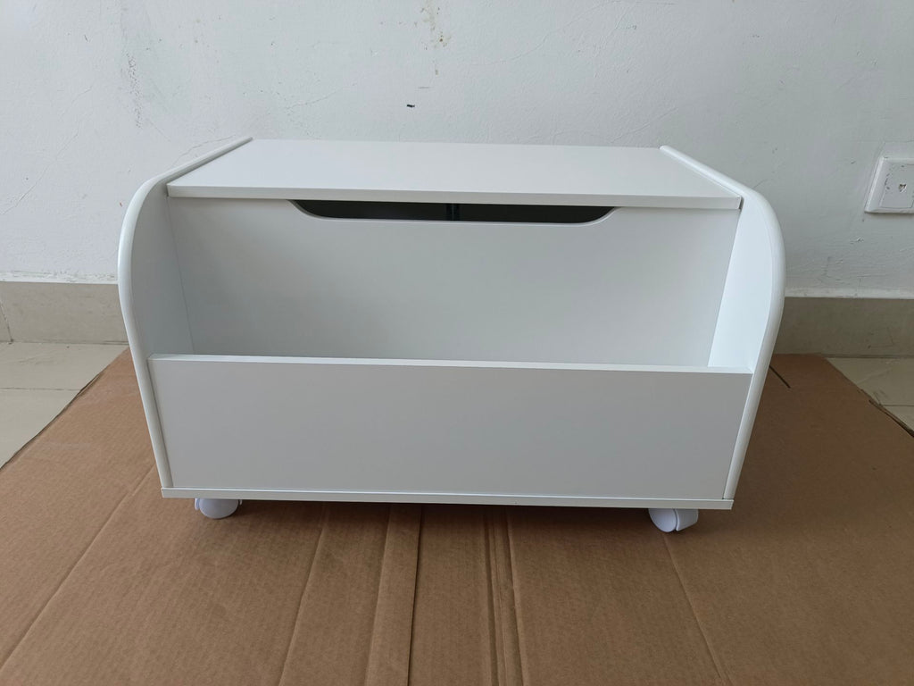 White Wooden Toy Box with 4 Universal Wheels, Kids Playroom Storage Organizer with Front Bookshelf, Flip-Top Lid, Safety Hing