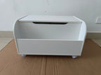 White Wooden Toy Box with 4 Universal Wheels, Kids Playroom Storage Organizer with Front Bookshelf, Flip-Top Lid, Safety Hing