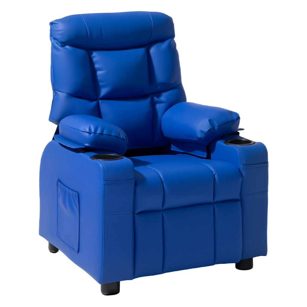 Kids Reclining Chair, Toddler Recliner with 2 Cup Holders and 4 Pockets, 107° to 126° Adjustable Back, Easy-to-Clean PU Leath
