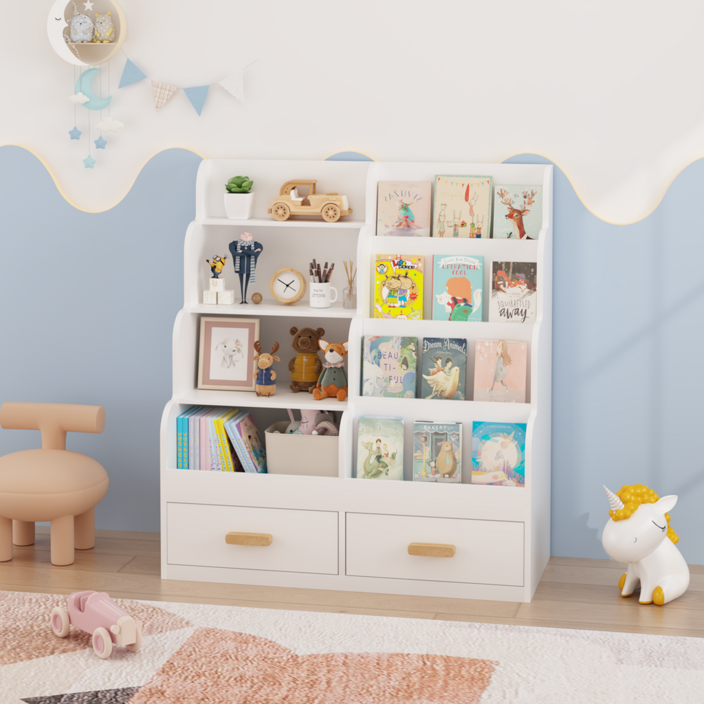 Kids Bookshelf with 2 Storage Drawers, Front-Facing Children's Bookcase and Toy Organizer, Multi-Tier Reading Shelf for Toddl