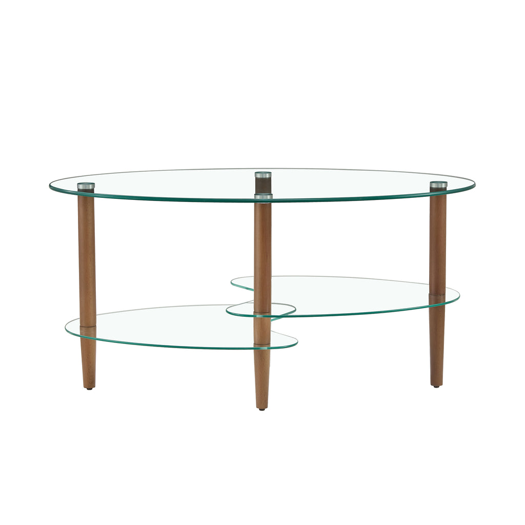 Modern Transparent Oval Glass Coffee Table with Oak Wood Legs, 3-Layer Design for Living Room - Grand Goldman Shop