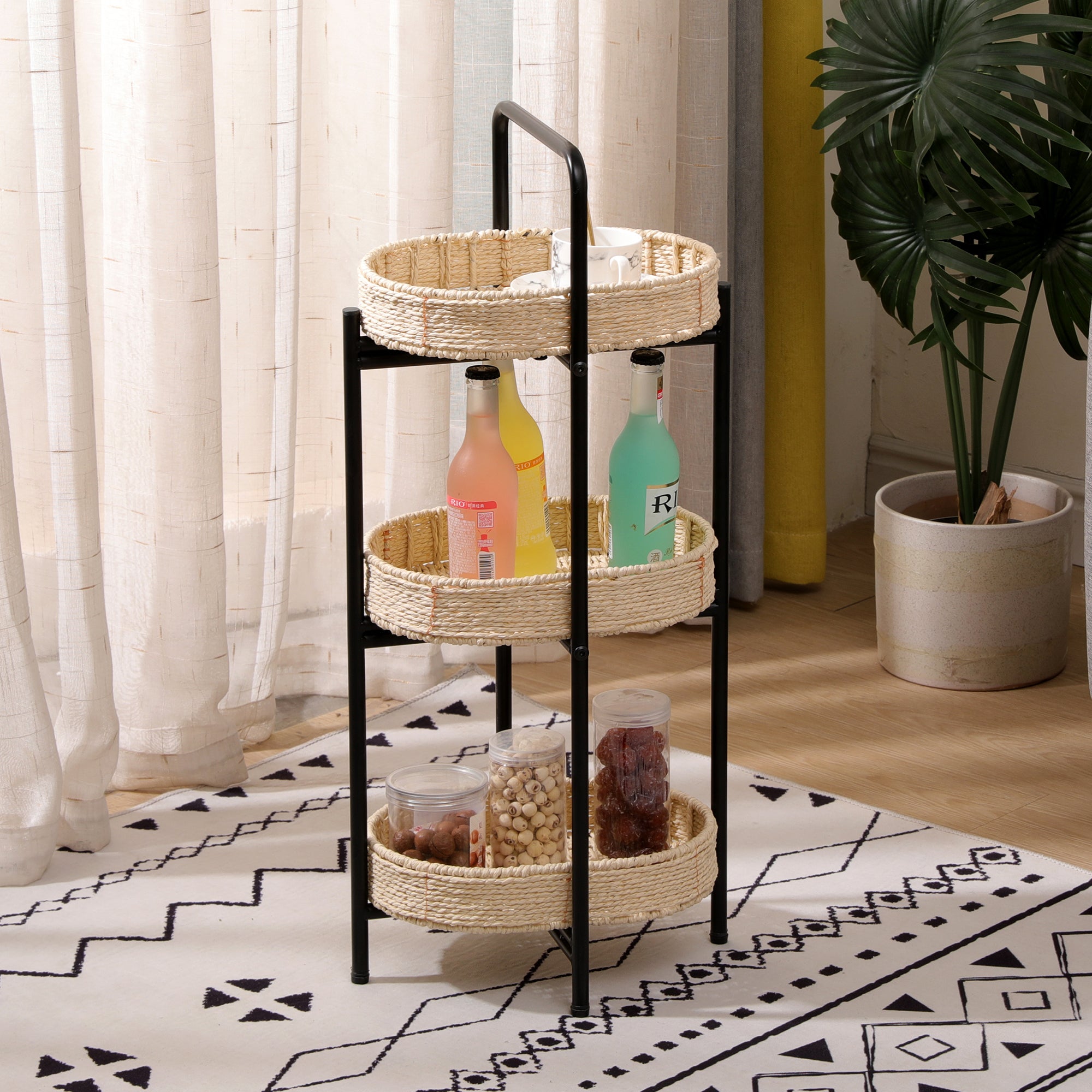 Farmhouse Style 3 Tiers Tray Tables Paper Rope Woven Side Table with Oval Storage Basket in Natural - Grand Goldman Shop