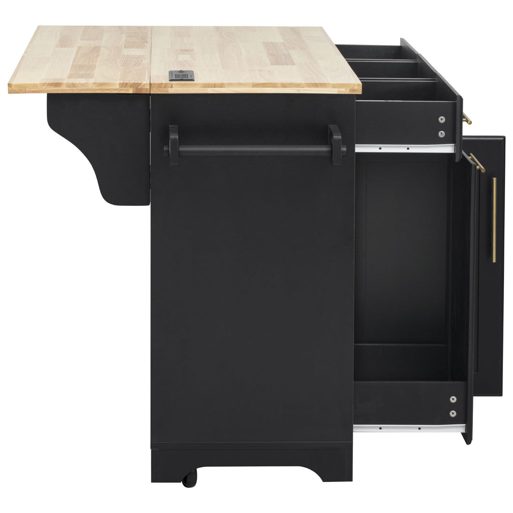 K&K 59.3' Kitchen Island with Storage 2 Pull Out Cabinet Organizers & Rubber Wood Drop Leaf, Rolling Kitchen Island with Trash Can Storage, Power Outlet, Spice & Towel Rack for Kitchen, Dining, Black - Grand Goldman Shop