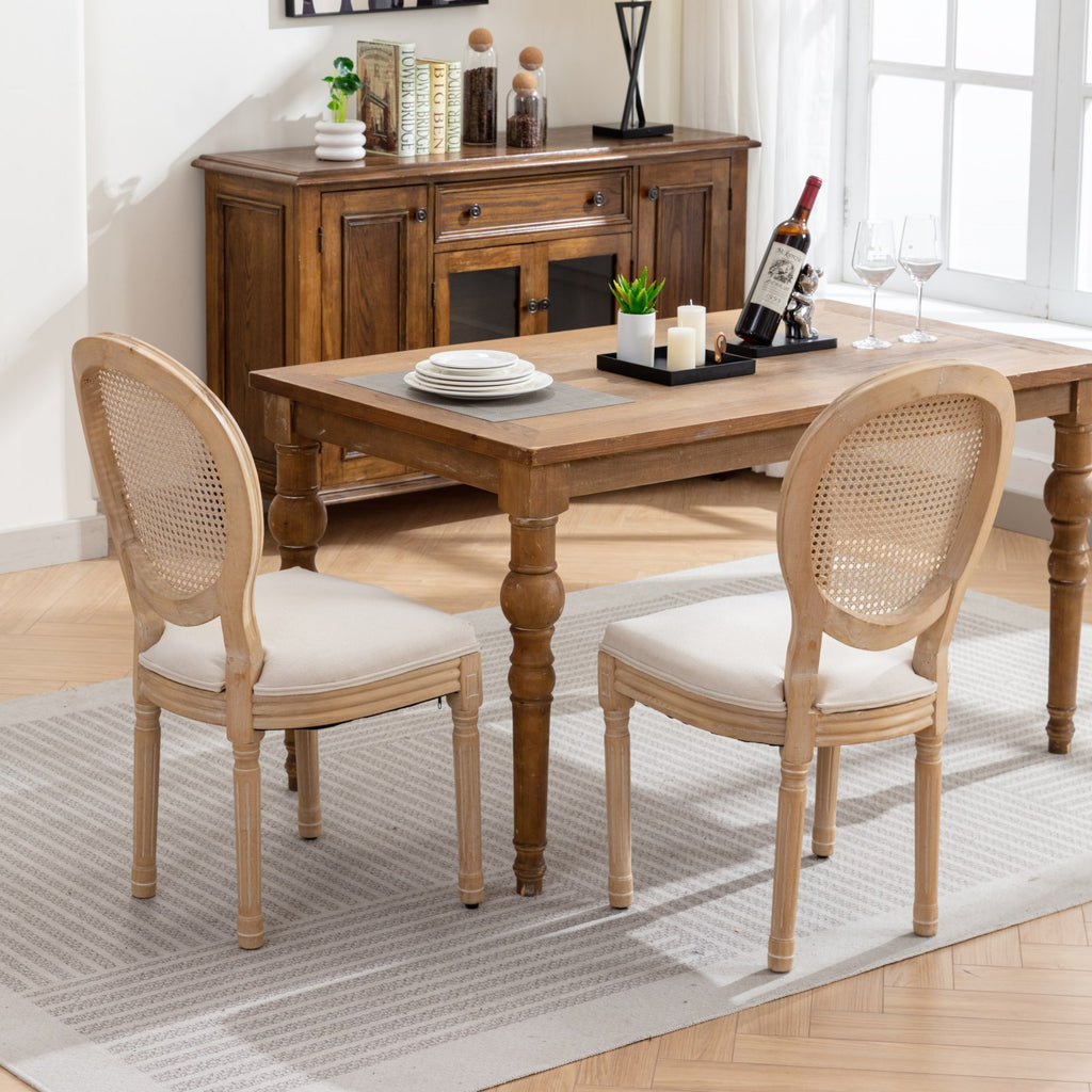A&A Furniture,French Style Solid Wood Frame Antique Painting Linen Fabric Rattan Back Dining Chair,Set of 2,Cream,Beige - Grand Goldman Shop