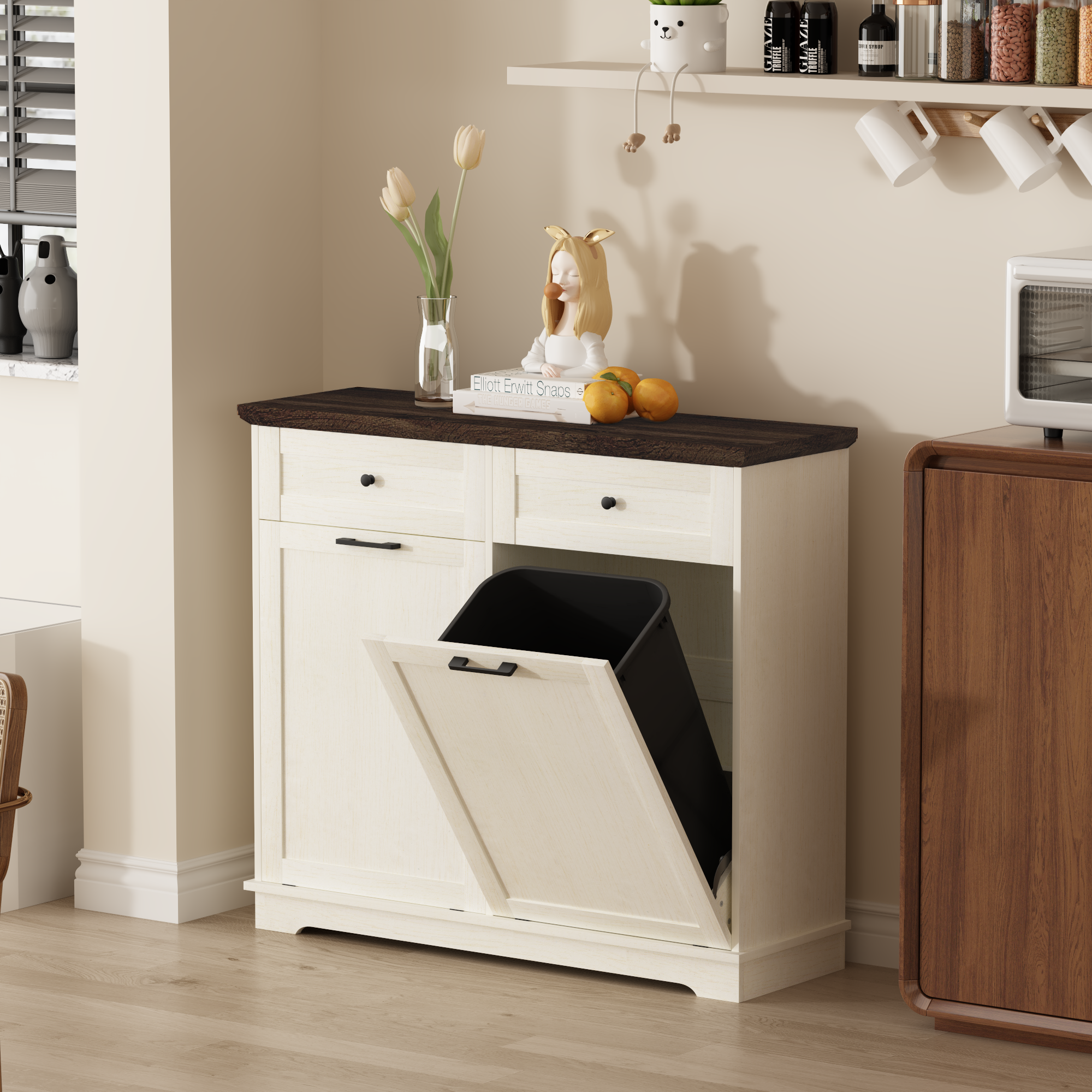 20 Gallon Tilt Out Trash Cabinet Freestanding Trash Bin Cabinet Wood Garbage Recycling Cabinet with Drawer Pet Proof Trash Can Holder for Kitchen Living Room, Antique White (Not include trash can) - Grand Goldman Shop