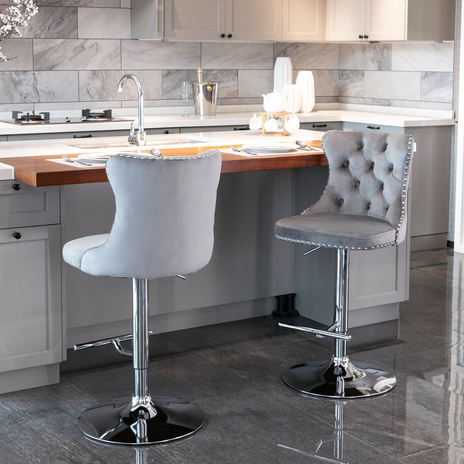 A&A Furniture,Swivel Velvet Barstools Adjusatble Seat Height from 25-33 Inch, Modern Upholstered Chrome base Bar Stools with Backs Comfortable Tufted for Home Pub and Kitchen Island（Gray,Set of 2） - Grand Goldman Shop
