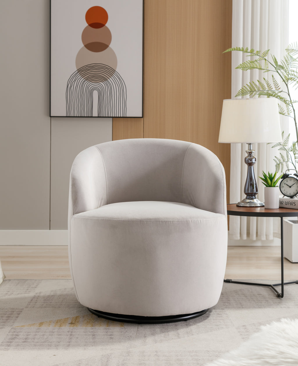 Velvet Fabric Swivel Accent Armchair Barrel Chair With Black Powder Coating Metal Ring,Gray - Grand Goldman Shop