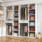 Freestanding Closet System,  Stand-Alone Wardrobe with 6 open Shelves,74.8'' Heigh Closetwith 1 Wood Drawers, Wood Walk-in Closet with 2 Hanging Rod, White - Grand Goldman Shop