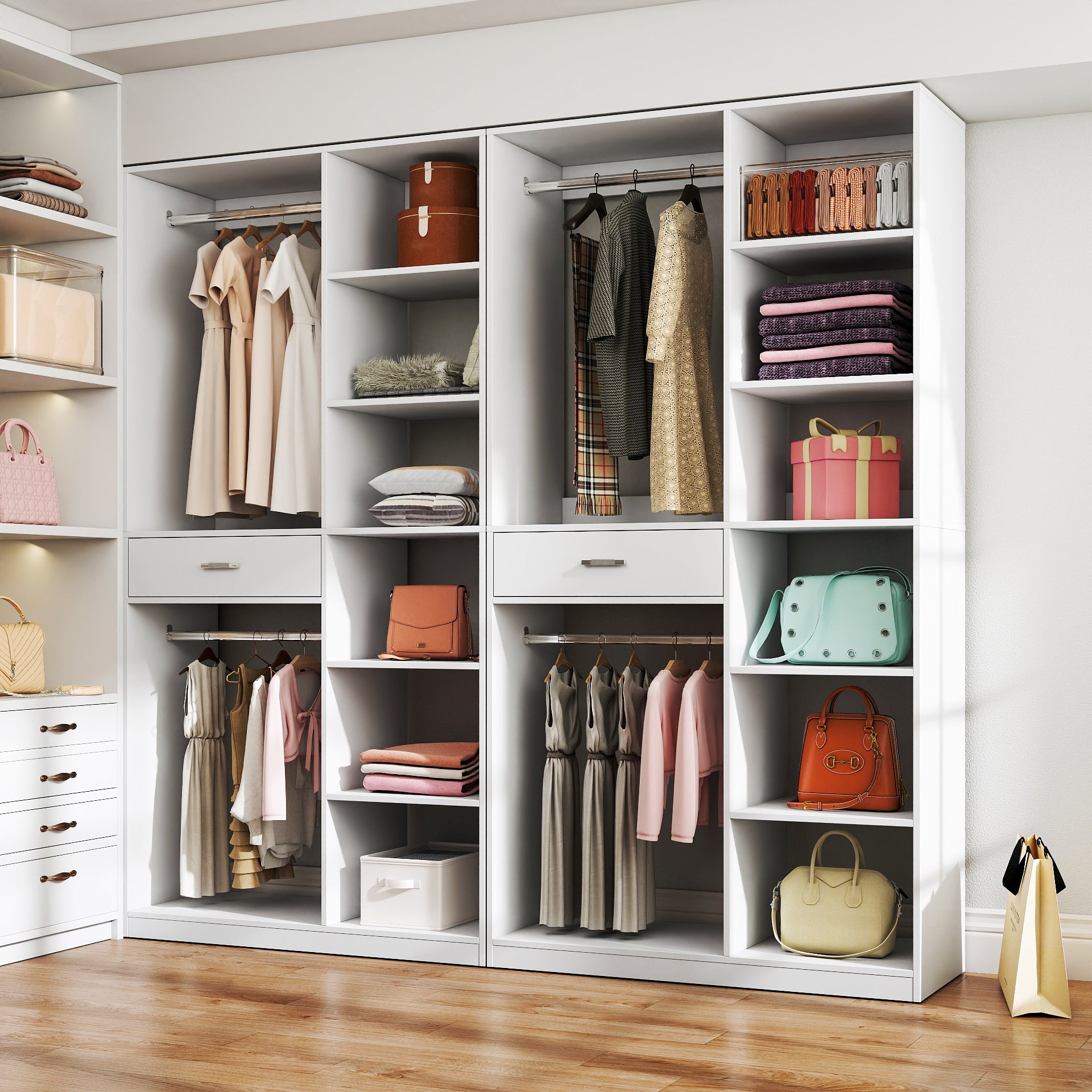 Freestanding Closet System,  Stand-Alone Wardrobe with 6 open Shelves,74.8'' Heigh Closetwith 1 Wood Drawers, Wood Walk-in Closet with 2 Hanging Rod, White - Grand Goldman Shop
