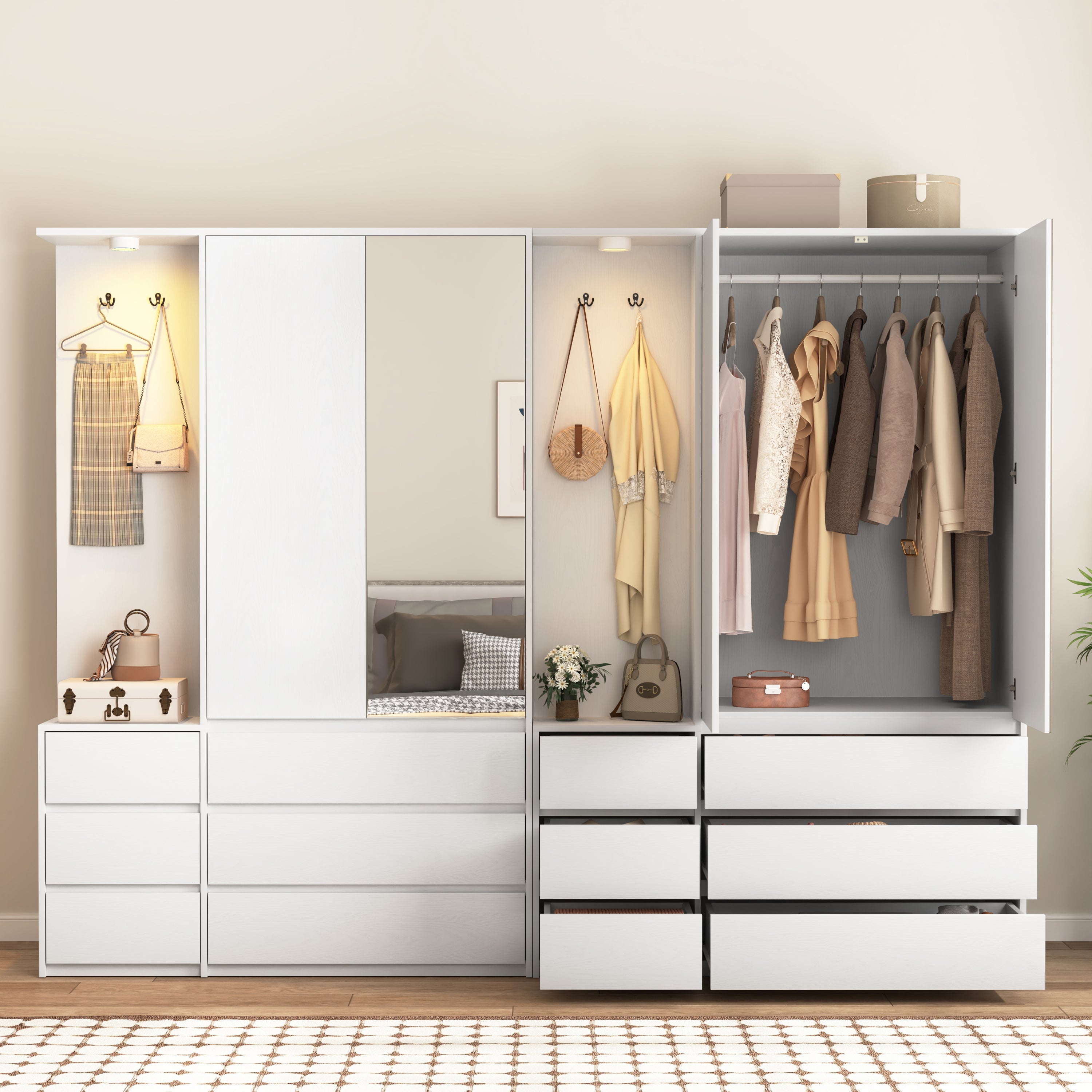 Wardrobe Closet 71.7' H, Bedroom Wooden Wardrobe with 2 Doors 6 Drawers, Modern Clothing Storage Cabinet Combination with Storage Shelves and Hanging Rail, White - Grand Goldman Shop