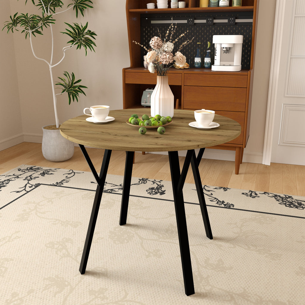 Modern Round Dining Table, Rustic Brown MDF Top with Black Metal Legs, 35.43 Inch Diameter for 2-4 People - Grand Goldman Shop