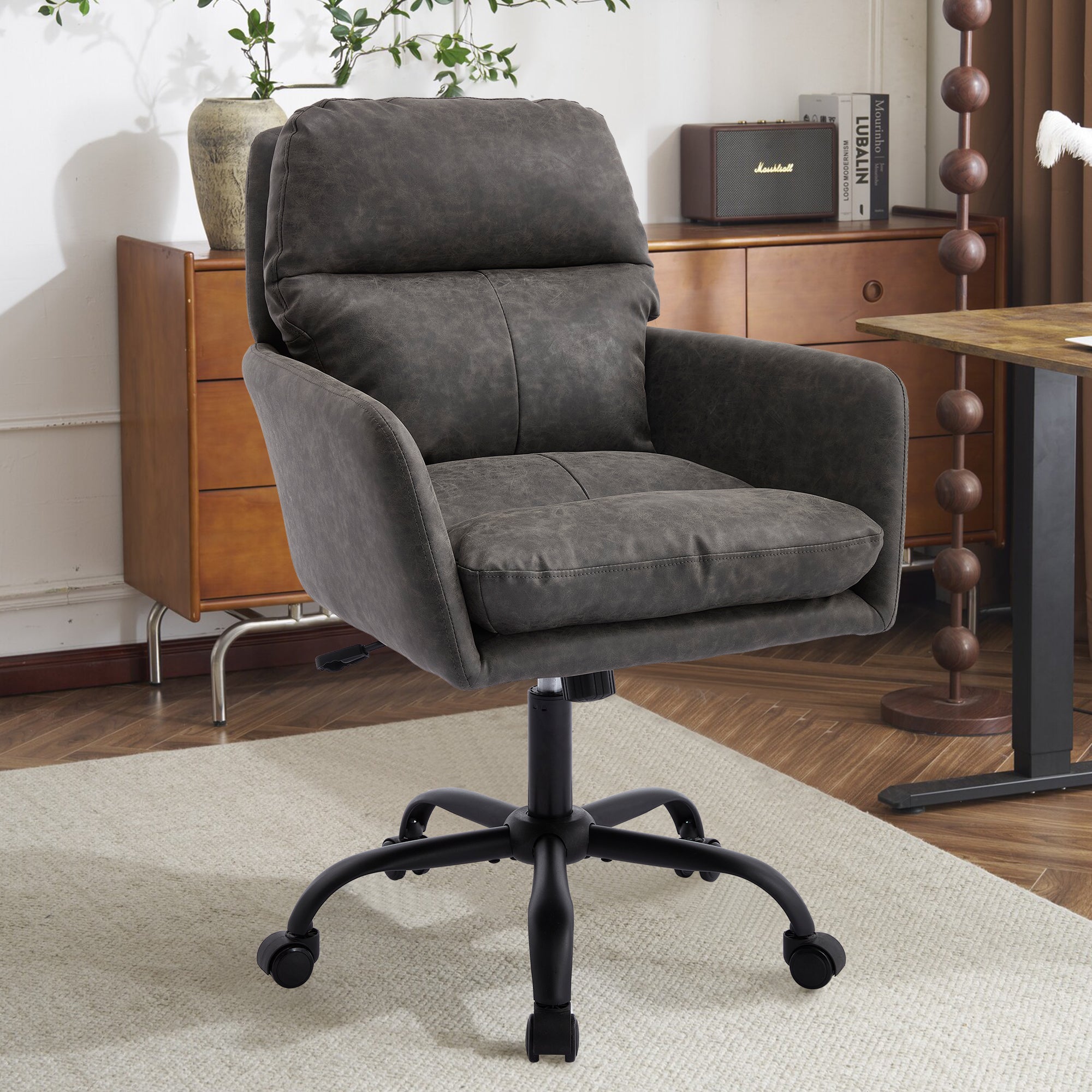 Gray PU Leather Office Chair with Adjustable Height, Black Base, Ergonomic Design for Office Bedroom Dressing Table Use | Pre