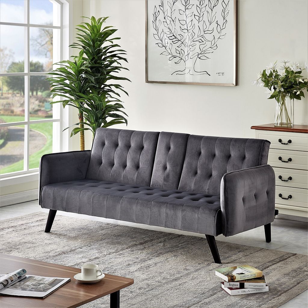 72' Velvet Convertible Sofa Bed with Cup Holders, Tufted Folding Futon Sleeper Couch, Mid-Century Modern 3 Seater for Small Spaces, 72' L x 34.6' D x 31' H, Dark Grey - Grand Goldman Shop