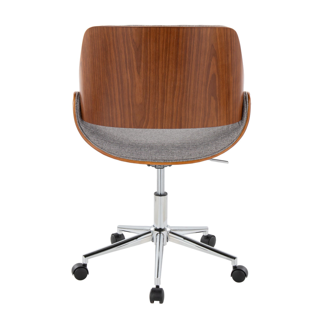 Contemporary Office Chair in Chrome Metal, Walnut Wood, and Grey Fabric - Grand Goldman
