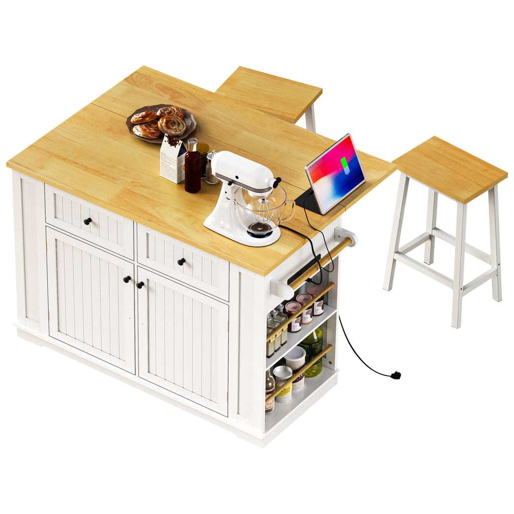 48 inch Kitchen Island with Drop Leaf,Power Outlet,Internal Storage Rack,Rolling Kitchen Storage Cart on 5 Wheels with 5 Open Side Racks for Kitchen,White (Old SKU N707P257057W)(Not Include Stools) - Grand Goldman Shop