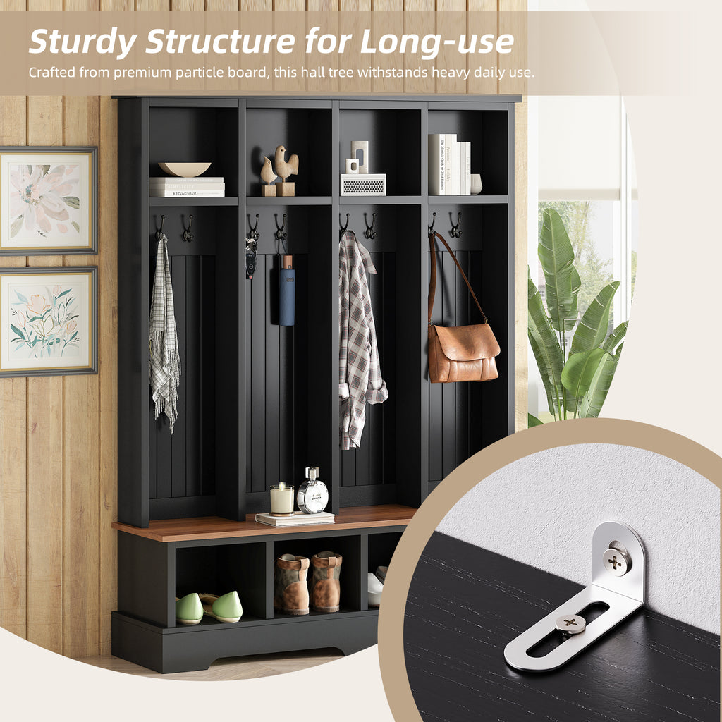 Farmhouse Hall Tree with 8 Hooks, Practical Entryway Bench with Open Compartments, 76.7'H Modern 3-in-1 Wooden Style Coat and Shoe Rack for Mudroom, Living Room, Black (OLD SKU: N721P292601B) - Grand Goldman Shop