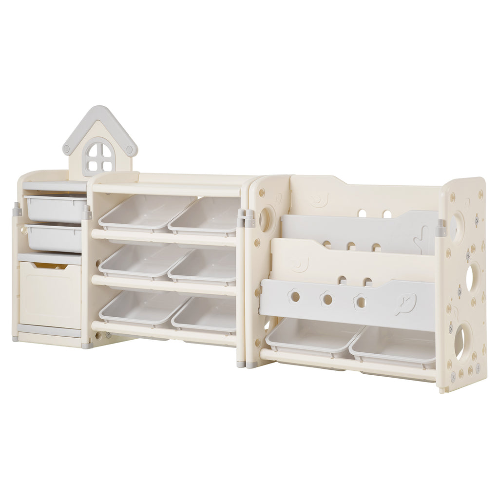 Kids Toy Storage with Bookshelf, 4-Tier Toy Storage Organizer with 10 Movable Plastic Bins, Kids Cubby Cabinet with Bookshelf