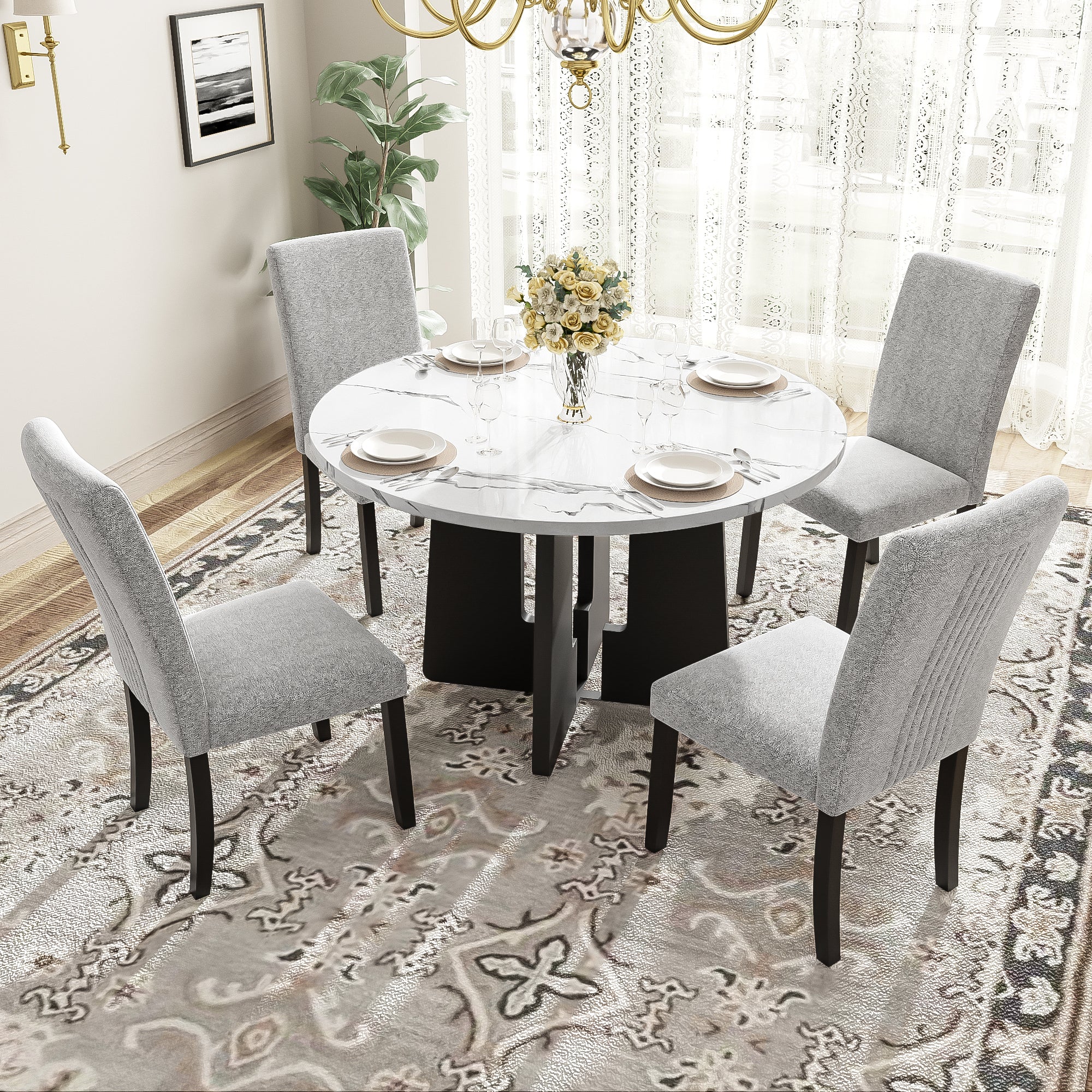 5-Piece Round Dining Table set, 43-Inch Modern Dining Table and 4 Upholstered Chairs for Dining Room, Kitchen Room, Living Room, Easy Assembly - Grand Goldman Shop