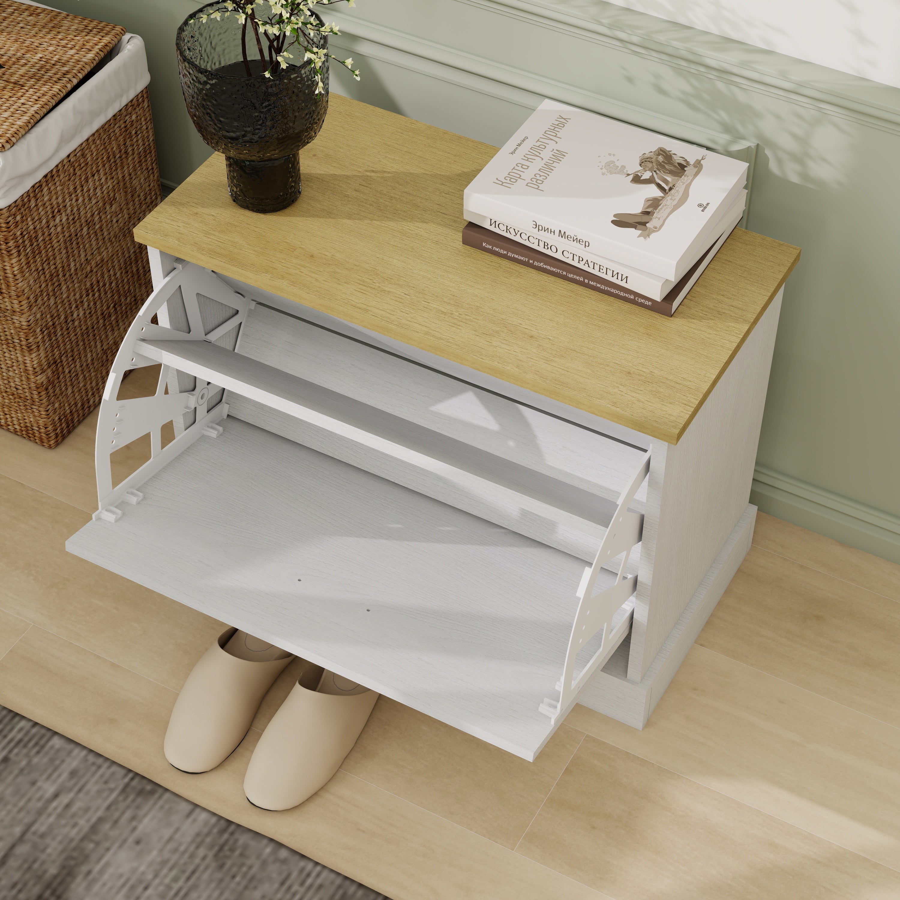 Shoe Storage Bench with 1 Flip Drawer and Adjustable Shelf, Small Shoe Cabinet  for Entryway, Hallway, Bedroom-Antique White - Grand Goldman Shop