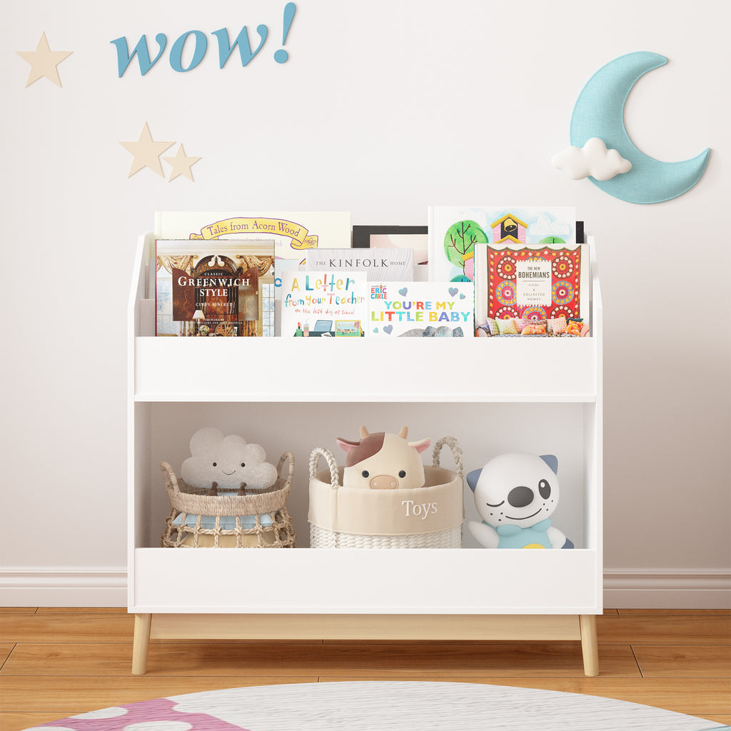 White Wooden Kids Bookcase Organizer with Storage, 3-Tier Toddler Book Display Shelf for Bedroom or Playroom - Grand Goldman