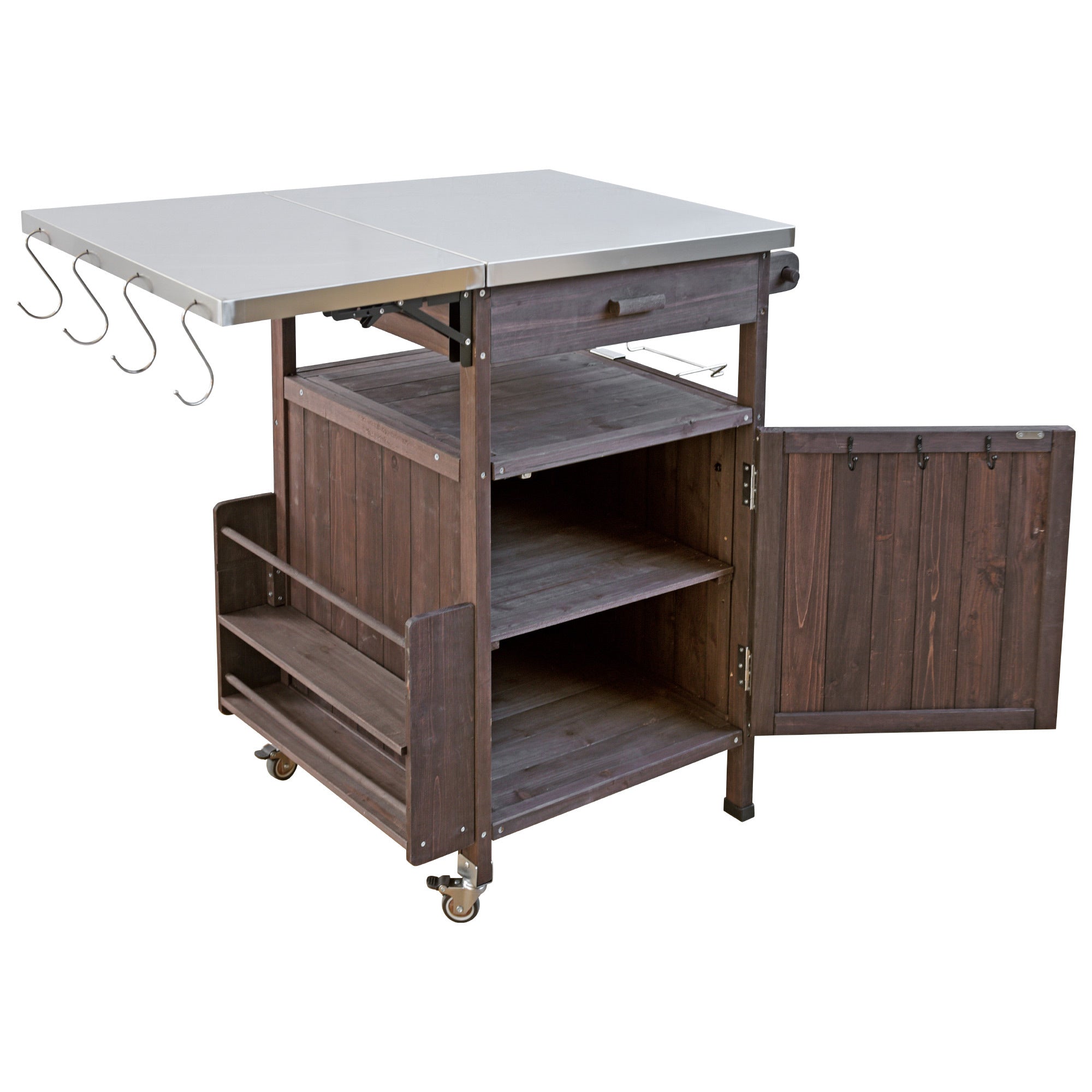 K&K 40.5' Outdoor Grill Cart with Stainless Steel Top, Solid Wood Outdoor Storage Cabinet with Drop Leaf, One Drawer, Towel Rack, Rolling Kitchen Cart with Lockable Wheels for Lawn Garden, Brown - Grand Goldman Shop