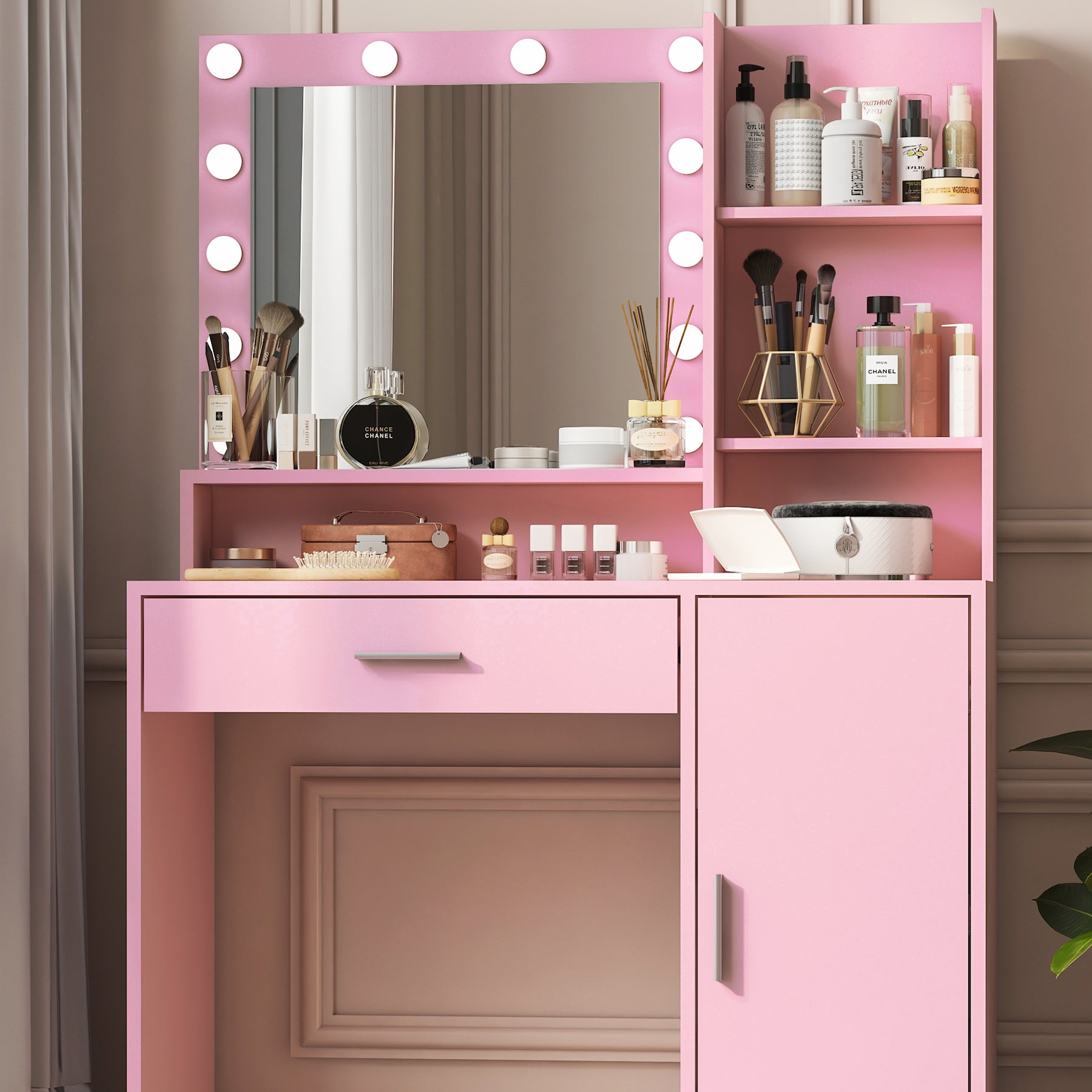 Vanity Desk with Mirror & Light, Large Drawer Three Level Storage Dresser, 3 Lighting Modes Adjustable Brightness, Bedroom Dressing Table(Pink) - Grand Goldman Shop