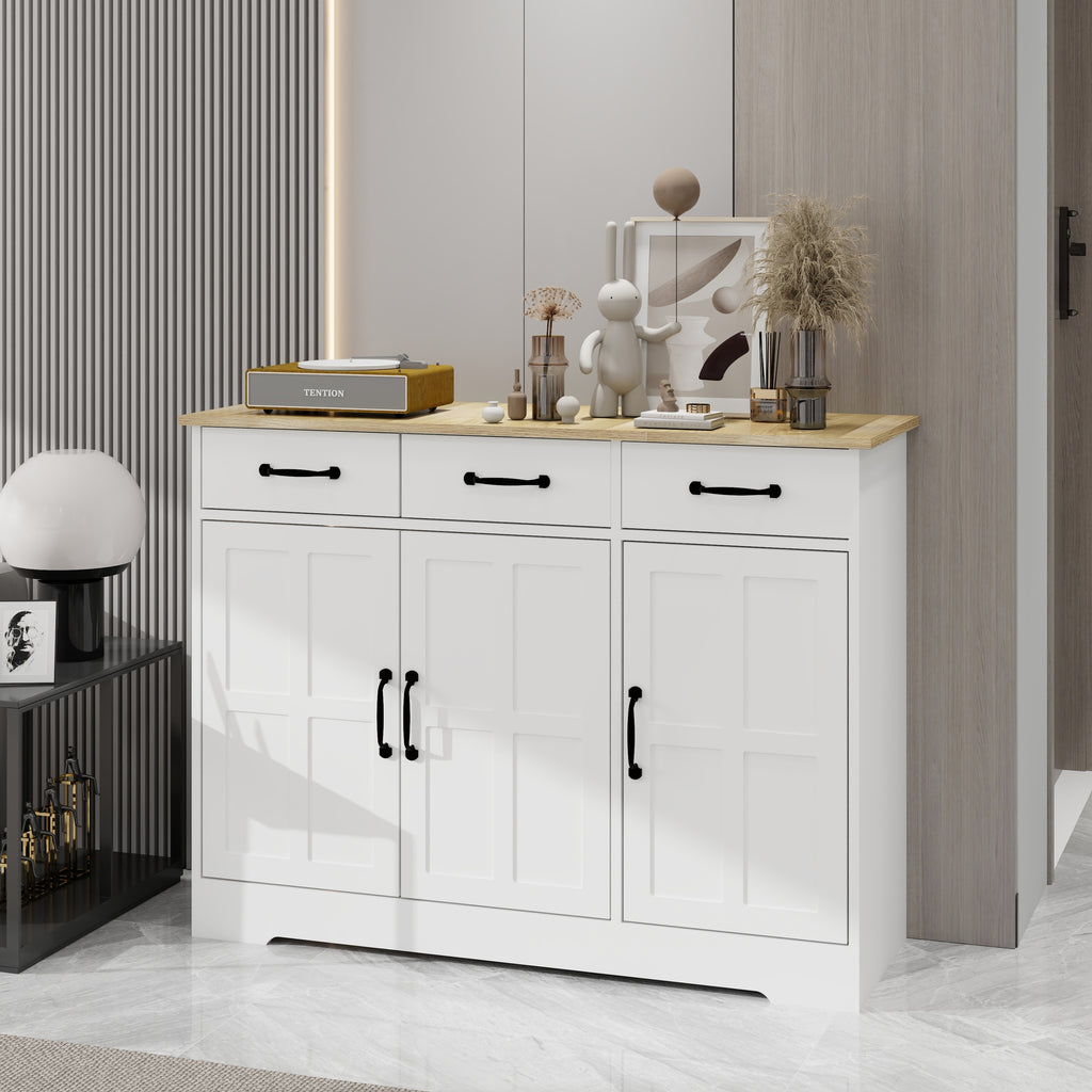 Farmhouse Buffet Cabinet Storage Sideboard with 3 Drawers and 3 Doors for Dining Living Room Kitchen Cupboard-White - Grand Goldman Shop