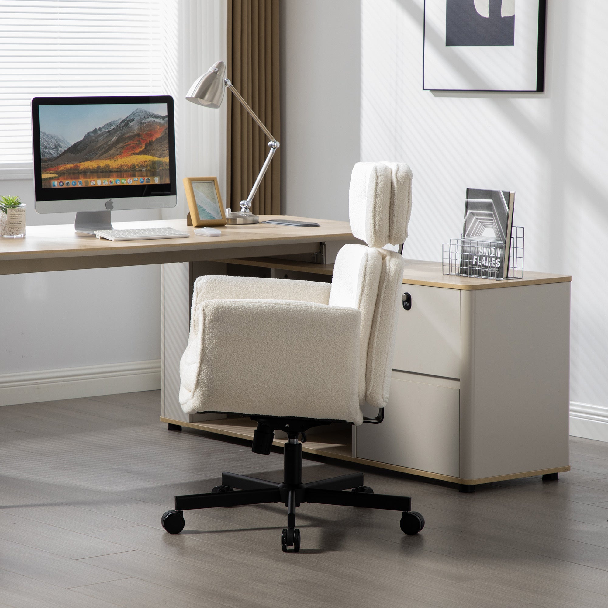 Criss Cross Chair with Adjustable Armrests & Wheels & Headrest, Lounge Vanity Desk Chair with Wide Seat for Cross-Legged Sitt