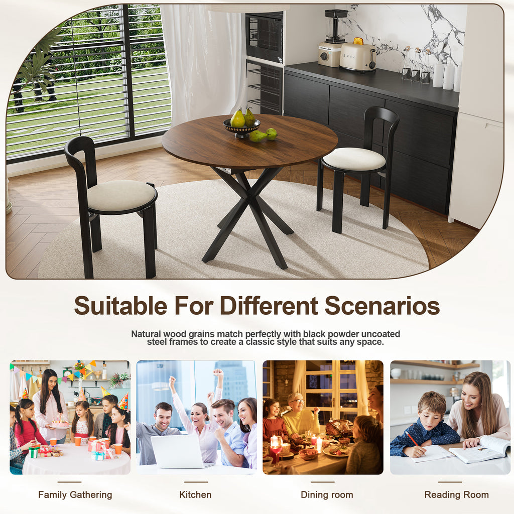 Modern Solid Wood Veneer Retractable Dining Table, Round Extendable 6-Person Table, Walnut MDF with Carbon Steel Base, 42-58 Inches - Grand Goldman Shop